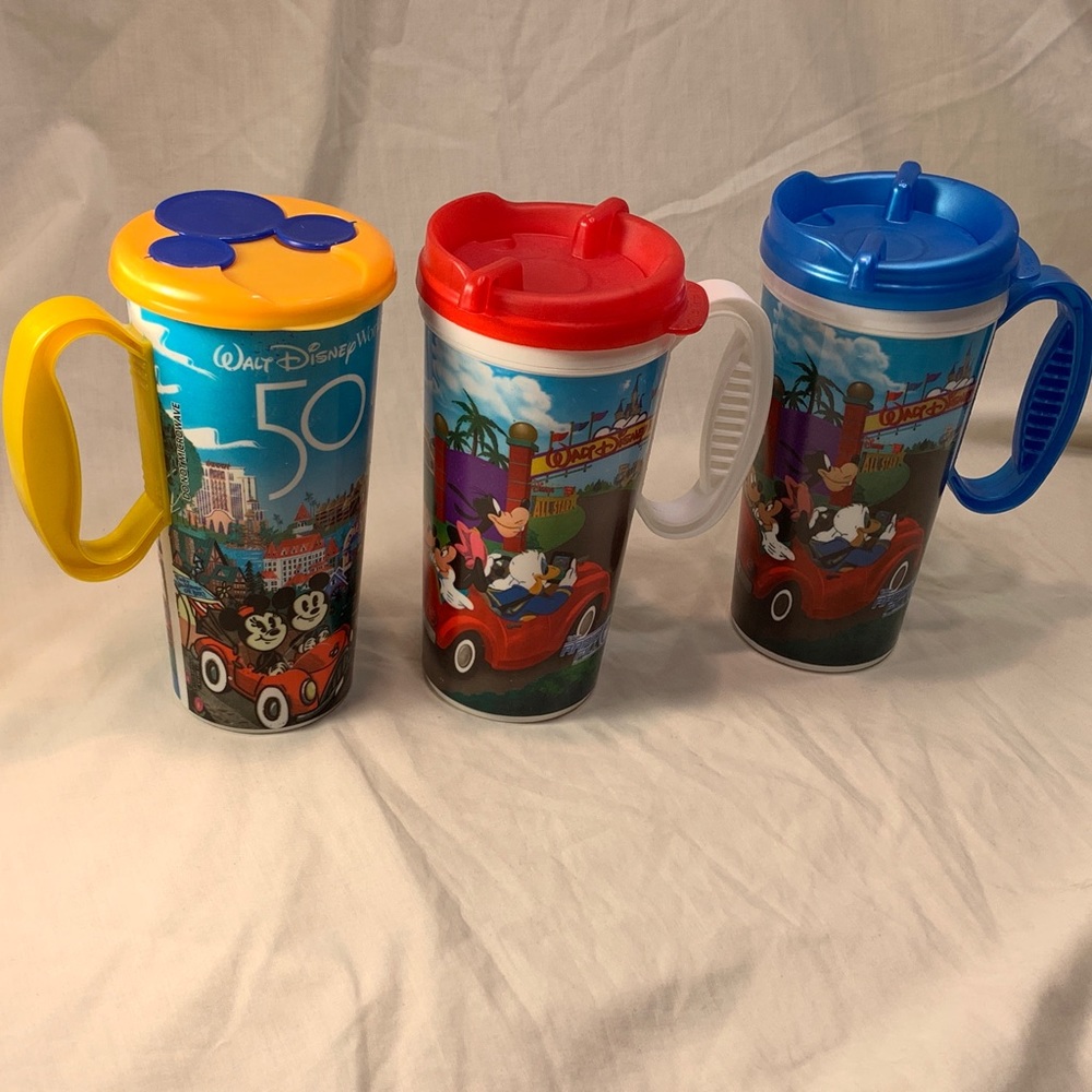 (3)Walt Disney World Resort Refillable mugs with (1) 50th Anniversary